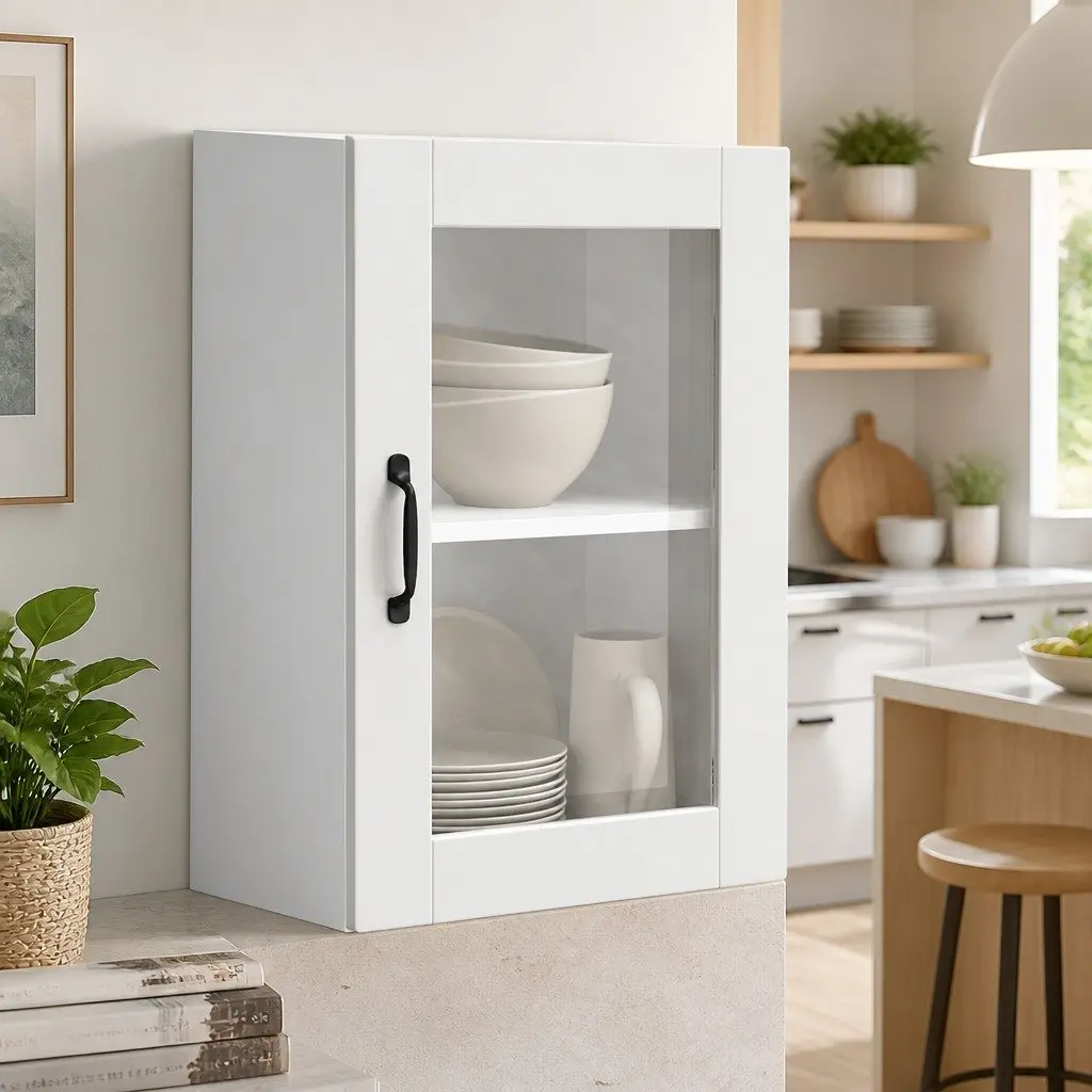 Kitchen Wall Cabinet Glass Door White Storage Unit Mounted