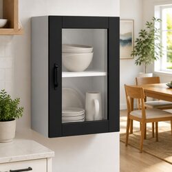 Black Engineered Wood Wall Cabinet with Glass Door