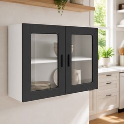 Kitchen Wall Cabinet Glass Door Black Storage Unit Wall-Mounted Organizer