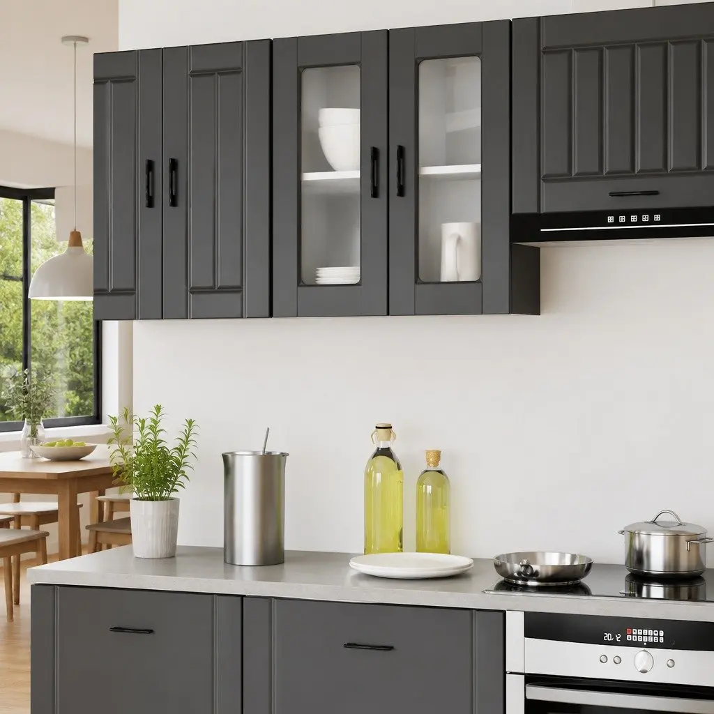 Wall-Mounted Kitchen Cabinet Storage Organiser Black Glass Door