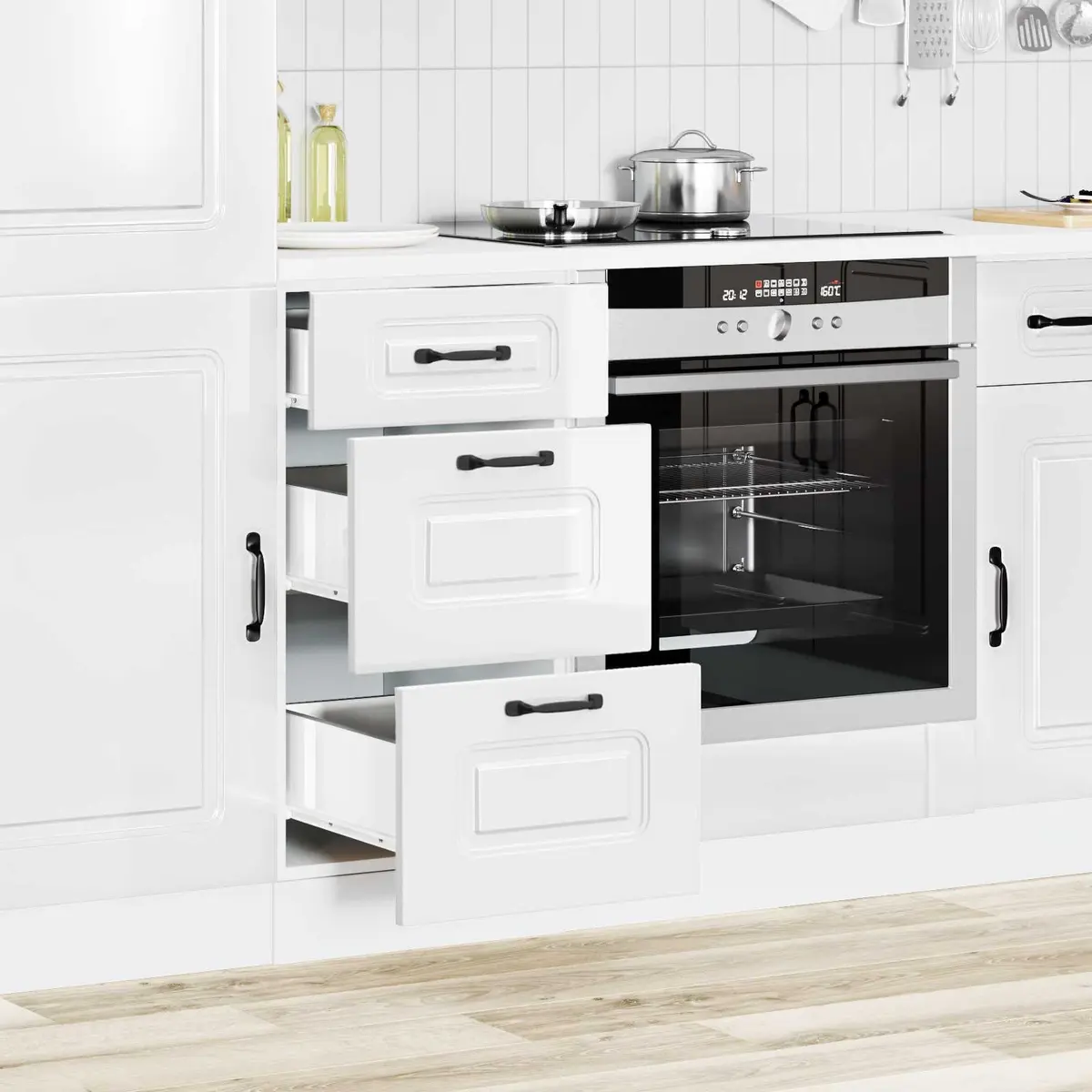 High Gloss White Engineered Wood Kitchen Storage Cabinet Base Size Adjustable
