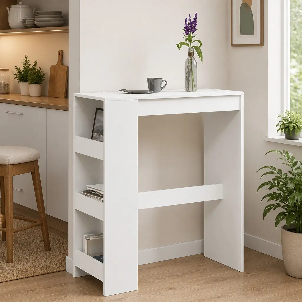 Bar Table with Storage Shelves Kitchen Dining White High Counter Pub Tall