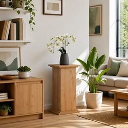 Brown Engineered Wood Two-Tier Display Stand with Cabinet