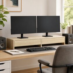 Monitor Stand with Storage Drawers Brown Engineered Wood Computer Riser Desk