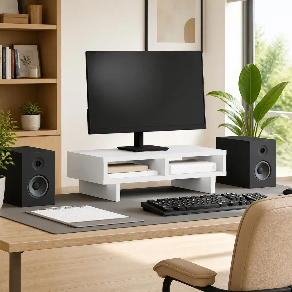 Monitor Stand White Engineered Wood Desk Organizer 50 x 27 x 15 cm