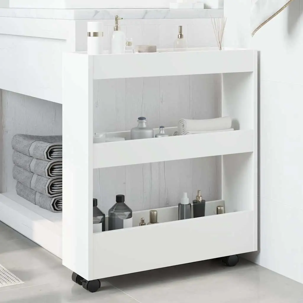 Narrow Storage Trolley 3 Tier White Rolling Kitchen Dining Cart Swivel Wheels
