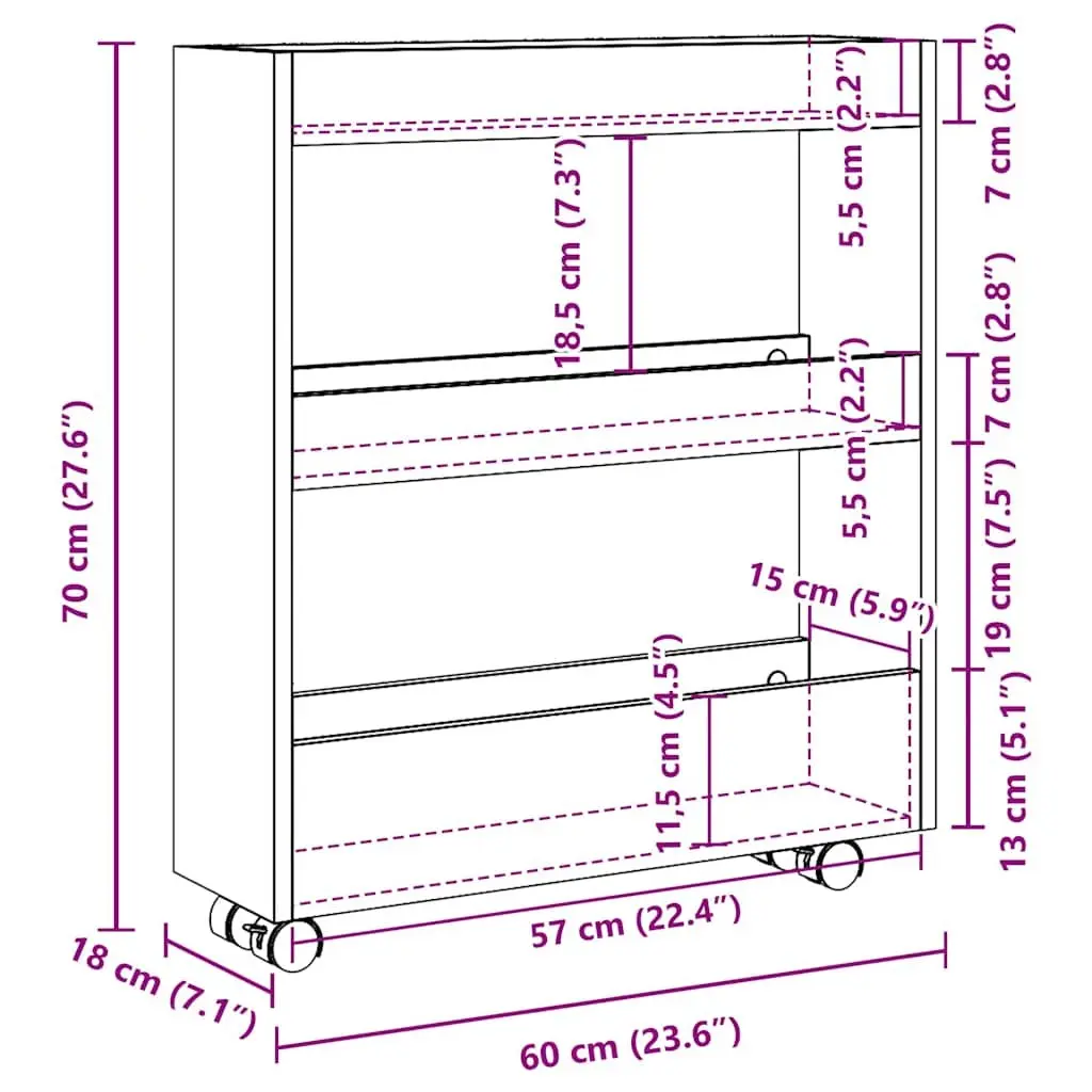 Narrow Storage Trolley 3 Tier White Rolling Kitchen Dining Cart Swivel Wheels