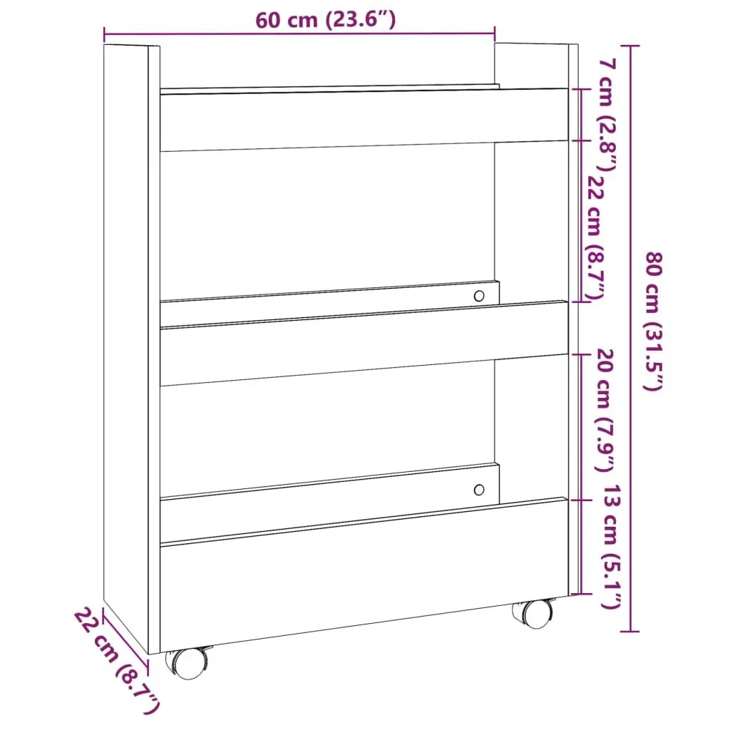 Narrow Storage Trolley 3 Tier White Rolling Cart Kitchen Bathroom Organiser