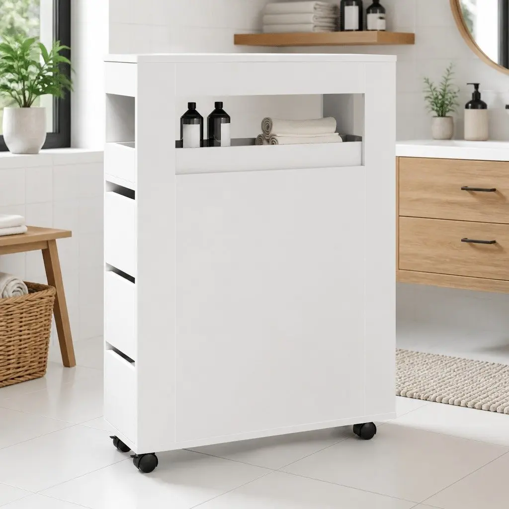 Narrow Bathroom Storage Cabinet with Wheels White Engineered Wood Organiser