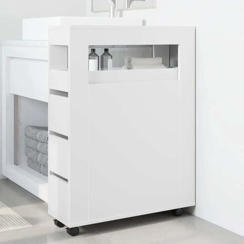 Narrow Bathroom Storage Cabinet with Wheels White Engineered Wood Organiser