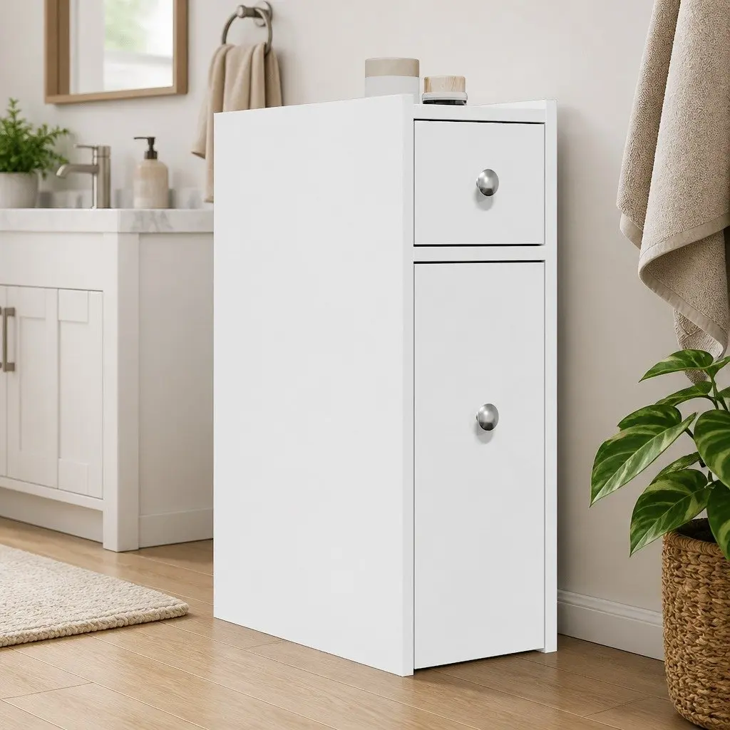 Narrow Bathroom Storage Cabinet on Wheels White Engineered Wood Tall Cupboard