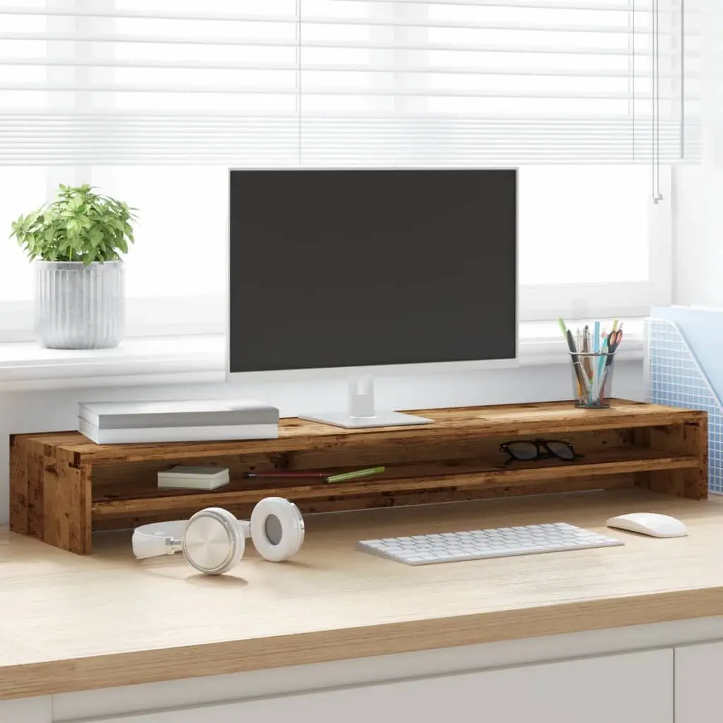 Monitor Stand Riser Old Wood Look Desktop Computer TV Riser with Storage Shelf