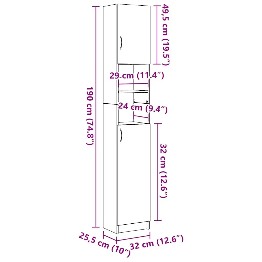 Bathroom Cabinet Brown Engineered Wood Storage Organiser Tall Cupboard 32 x 25.5 x 190 cm