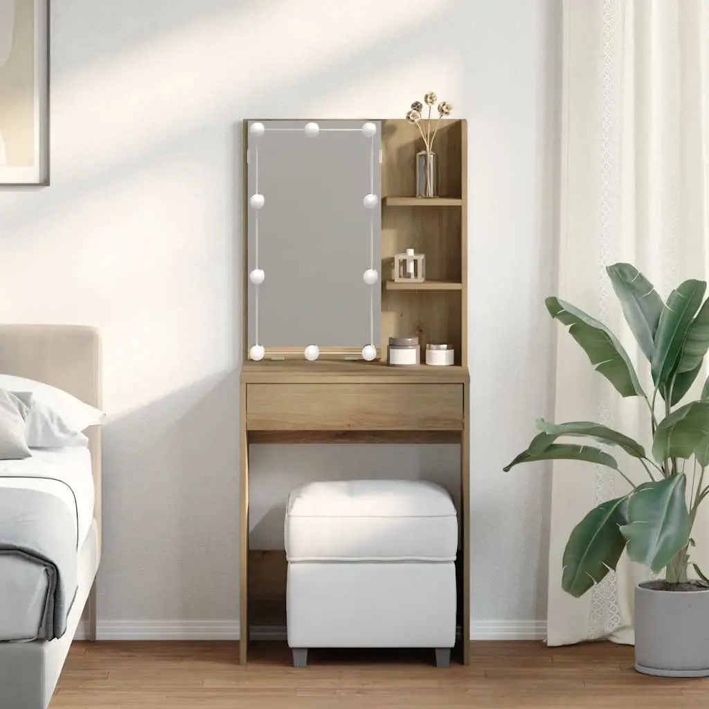 Dressing Table with RGB LED Lights Open Shelves Drawer Storage Makeup Vanity