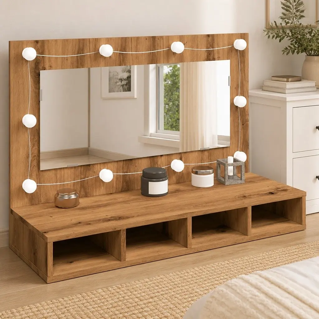 LED Bathroom Mirror Cabinet Wall Mounted Brown Engineered Wood Vanity Storage 90x31.5x62cm
