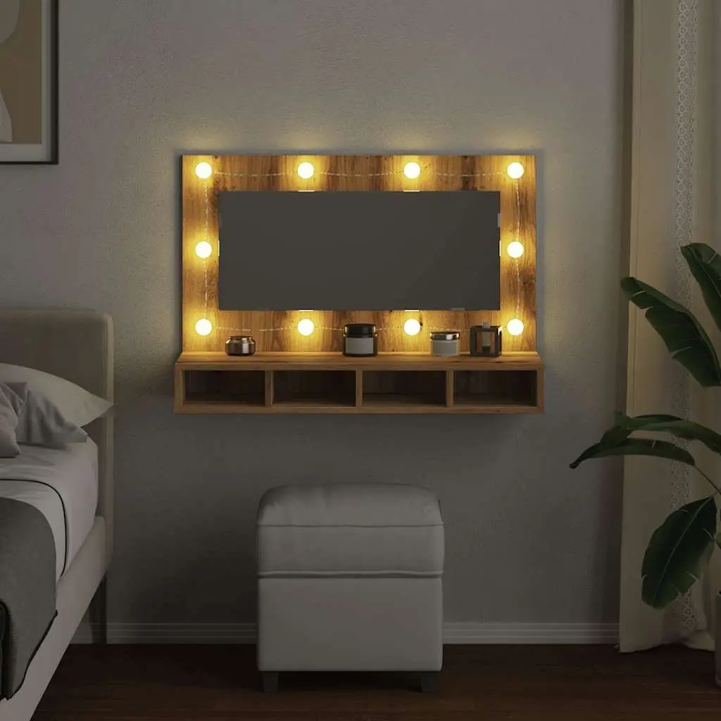 LED Bathroom Mirror Cabinet Wall Mounted Brown Engineered Wood Vanity Storage 90x31.5x62cm