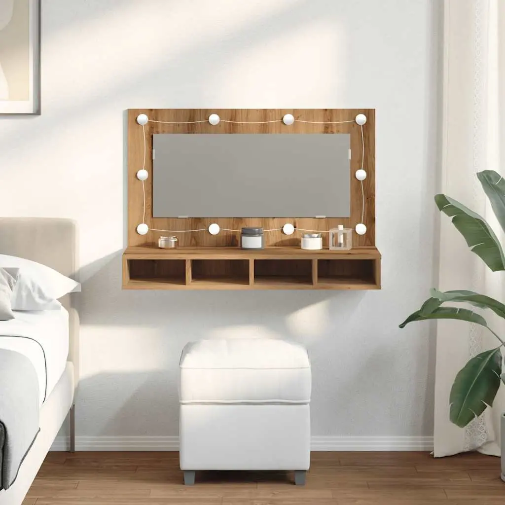 LED Bathroom Mirror Cabinet Wall Mounted Brown Engineered Wood Vanity Storage 90x31.5x62cm