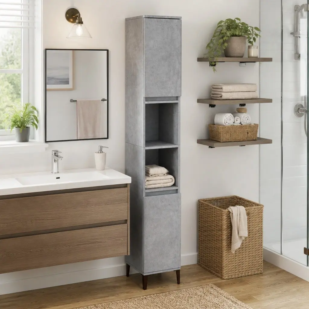 Concrete Grey Bathroom Cabinet 30x30x190cm Tall Storage Unit with 4 Doors and 2 Shelves for Bathroom Organization
