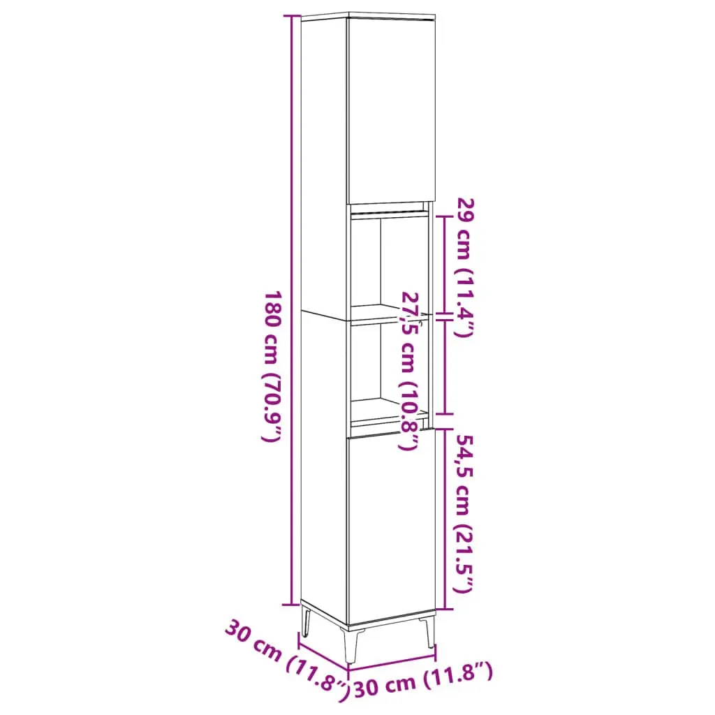 Concrete Grey Bathroom Cabinet 30x30x190cm Tall Storage Unit with 4 Doors and 2 Shelves for Bathroom Organization