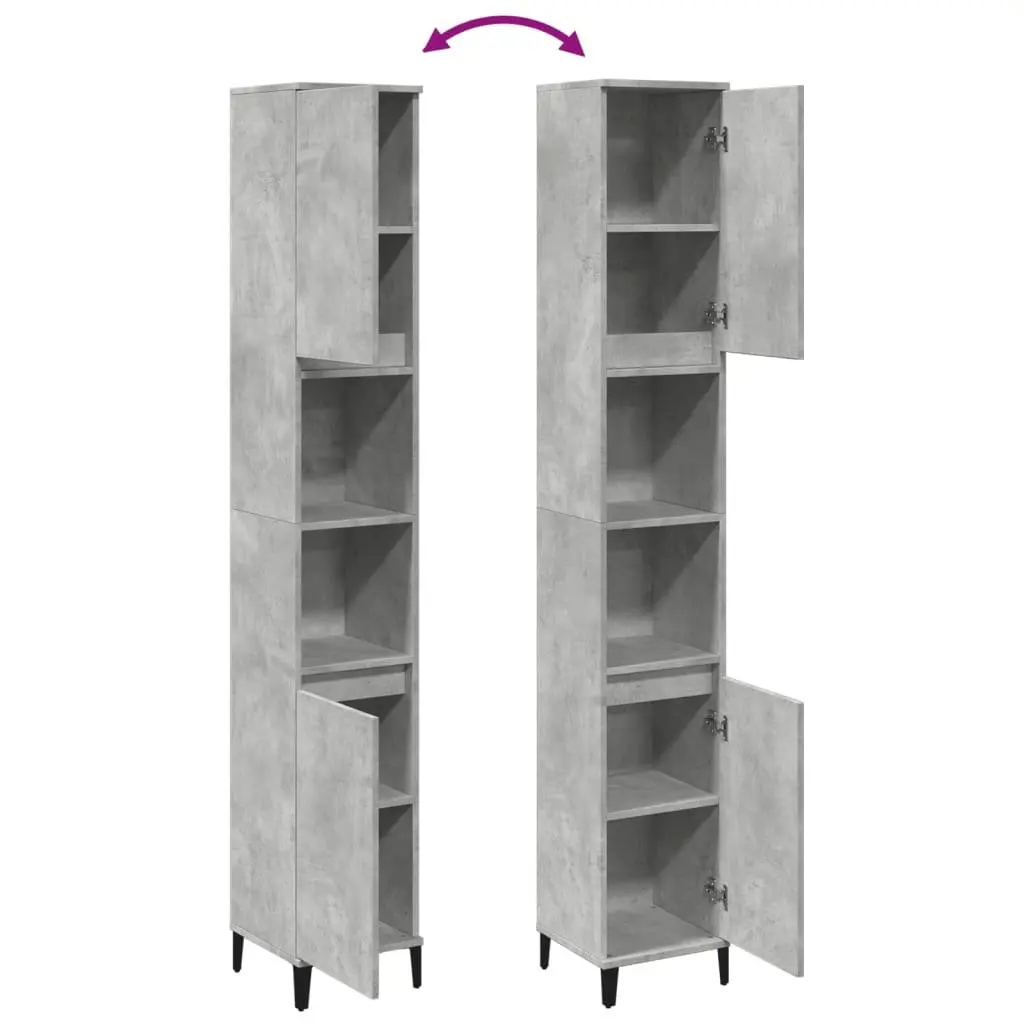Concrete Grey Bathroom Cabinet 30x30x190cm Tall Storage Unit with 4 Doors and 2 Shelves for Bathroom Organization