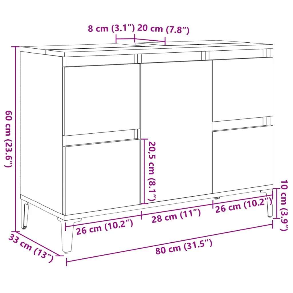 Grey Bathroom Sink Cabinet, 80x33x60cm, 4 Drawers