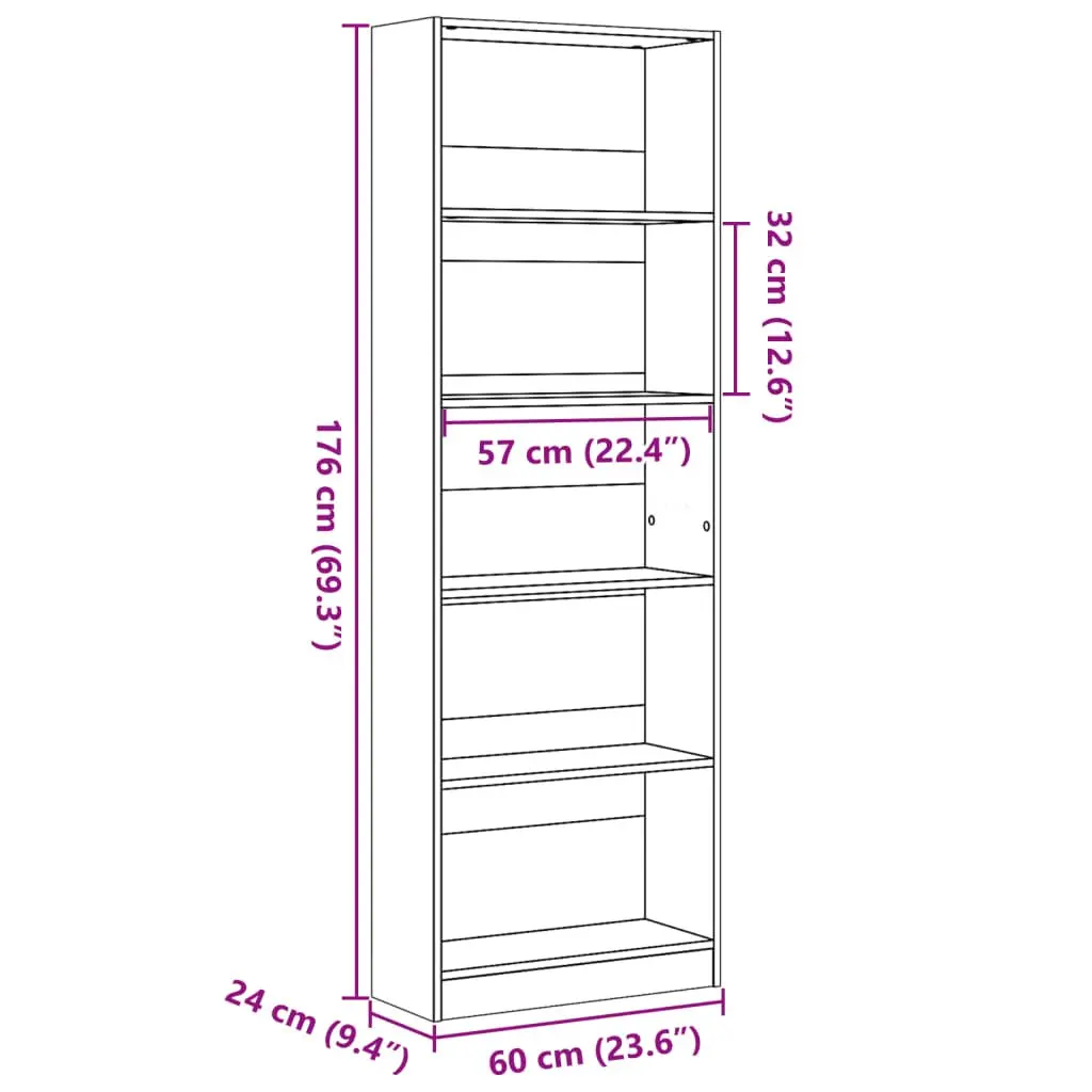 Bookcase White Open Shelving Storage Cabinet Home Office 60x24x176 cm