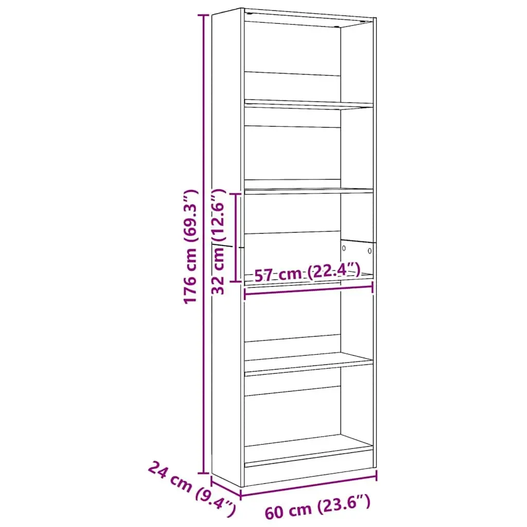 Bookcase Brown Engineered Wood Storage Shelving Unit Home Office 60W x 24D x 176H cm