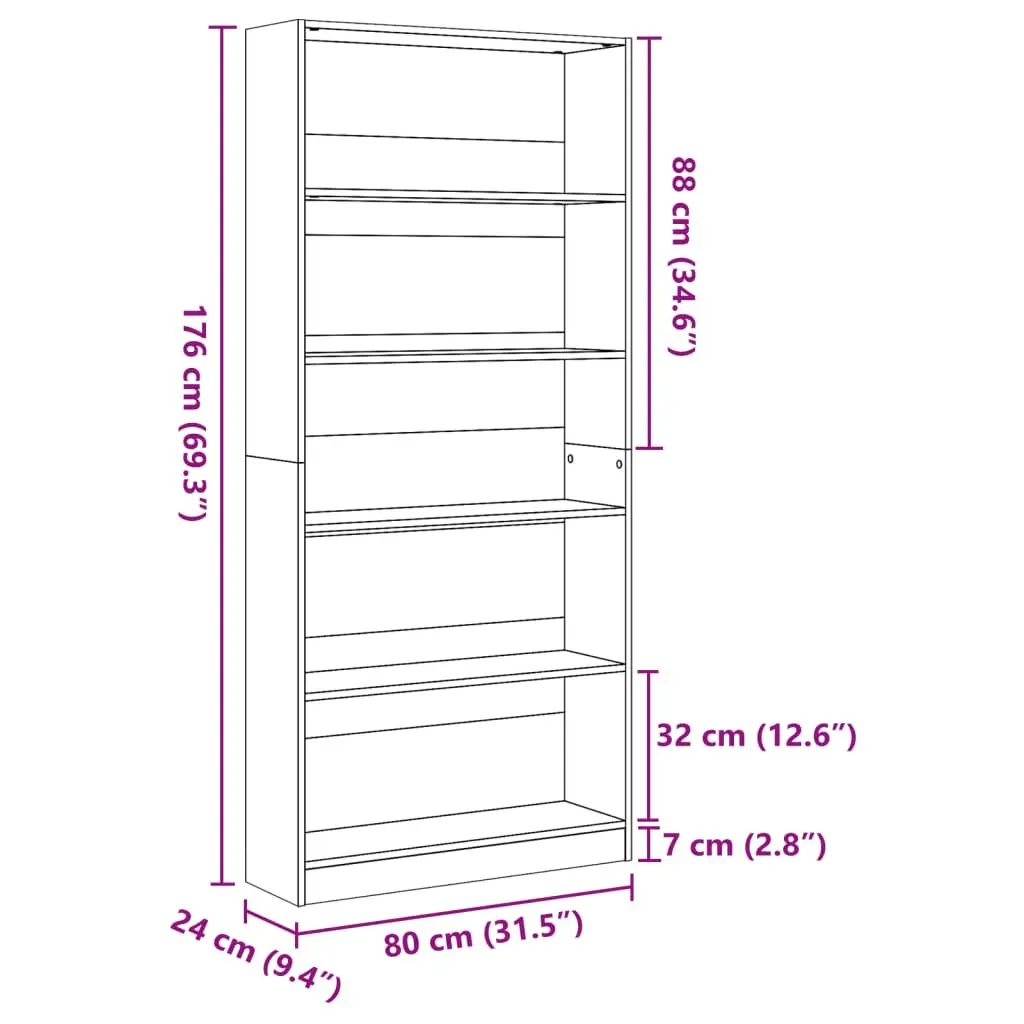 Bookcase Sonoma Oak 80x24x176cm Open Shelving Storage Cabinet Engineered Wood