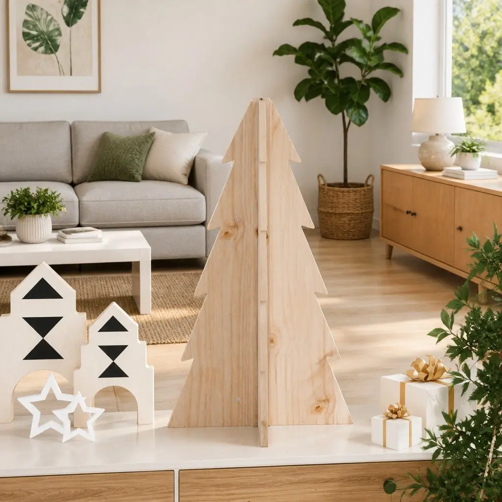 Wooden Christmas Tree Decoration Home Office 69.5cm Natural Pine Solid Wood Holiday Decor