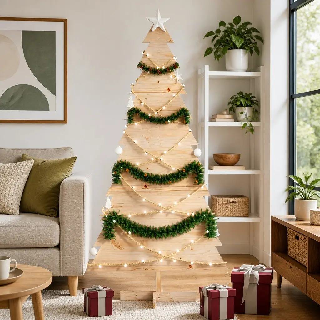 Wooden Christmas Tree Decoration for Home Office 180cm Solid Pine Wood Natural Holiday Decor