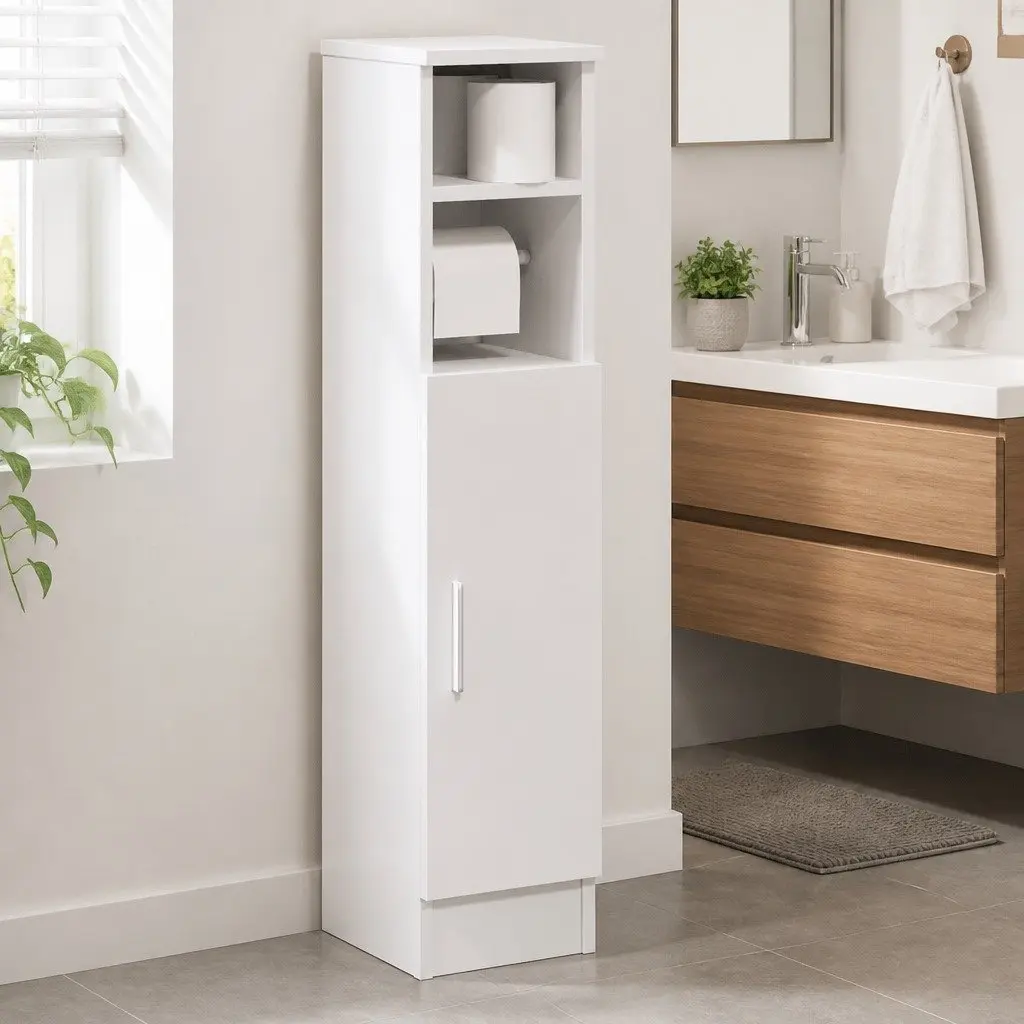 Bathroom Cabinet with Toilet Roll Holder White Storage Cupboard Organiser