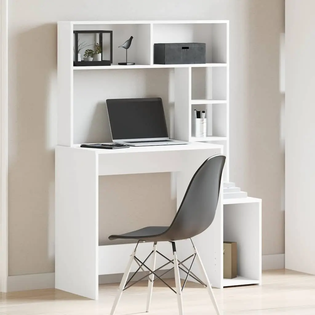 White Desk with Shelves Storage Engineered Wood Study Office Workstation