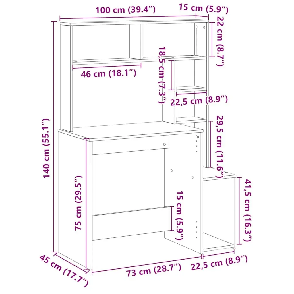 Brown Engineered Wood Desk 100x45x140 cm with Storage