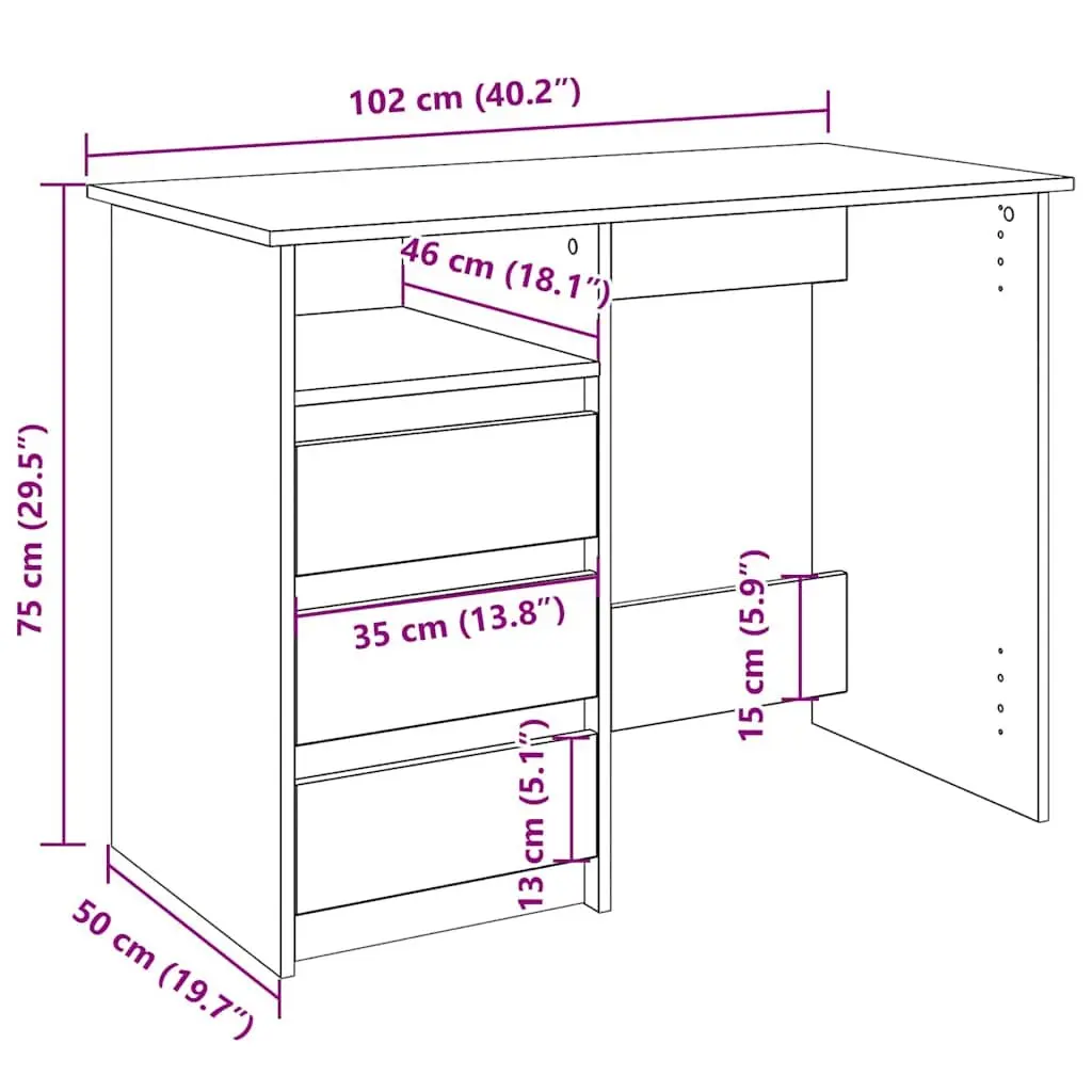 White Desk for Office Study 102x50x75cm Engineered Wood Spacious Storage