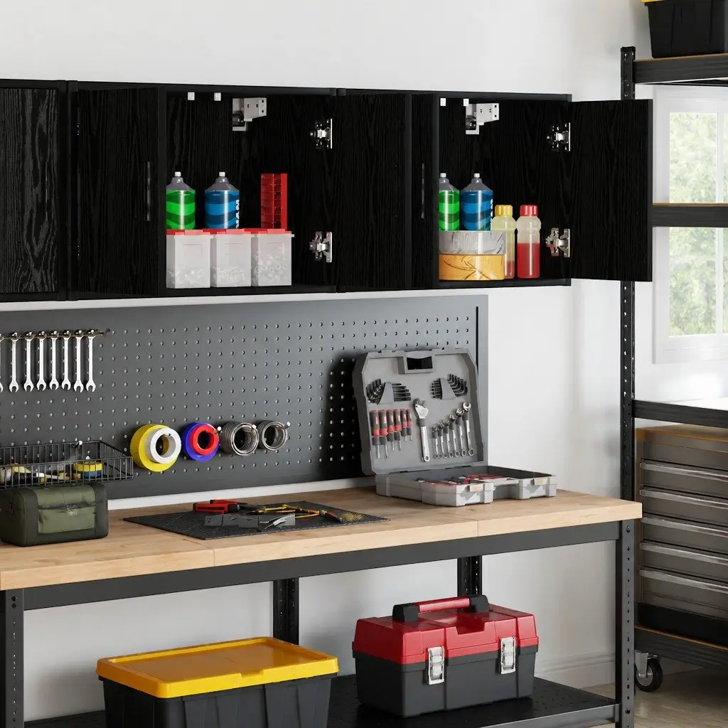 Garage Wall Cabinets 2 pcs Black Storage Cabinet Industrial Organiser