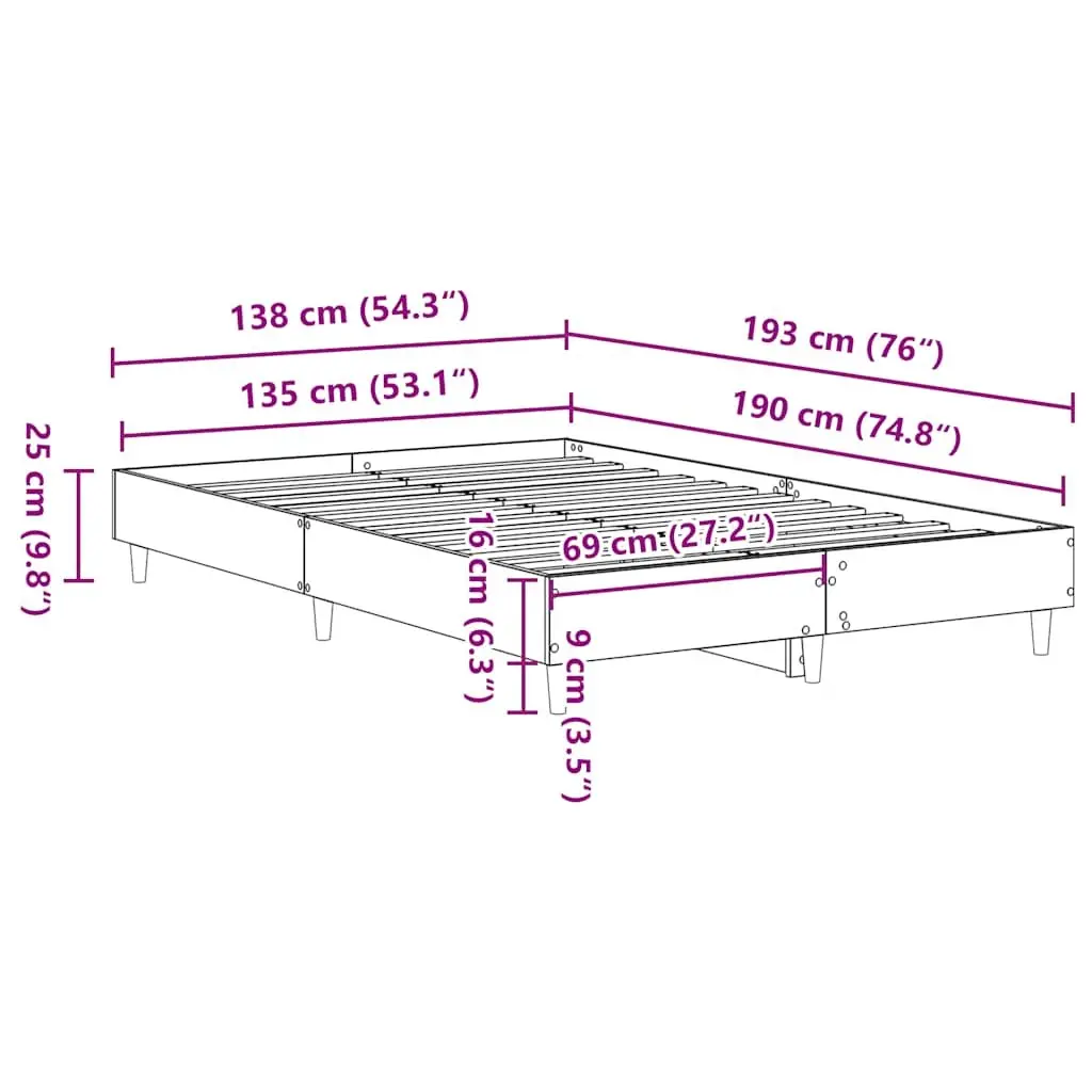 135x190 cm Brown Bed Frame with Slatted Base
