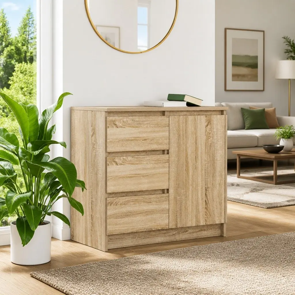 Sideboard Brown Storage Cabinet Engineered Wood Buffet Door Drawers Organisation