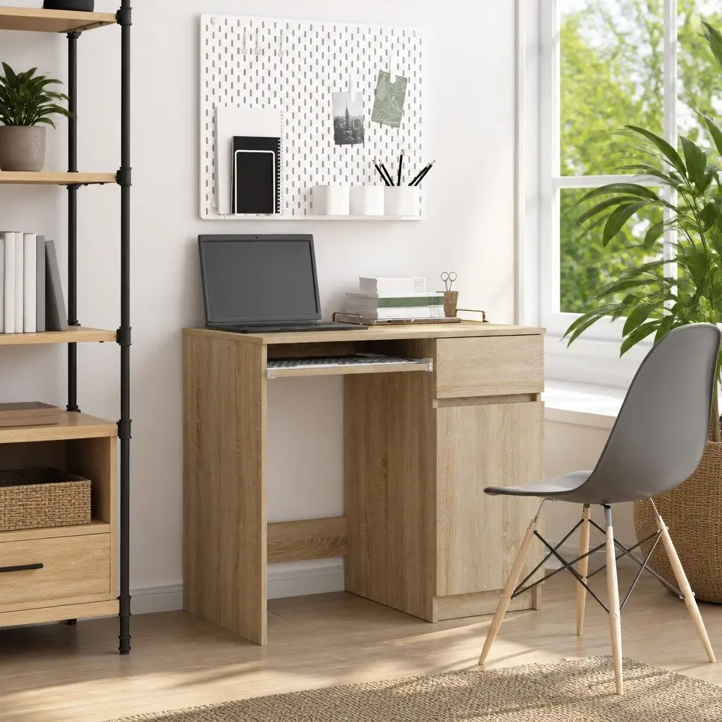 Office Desk with Storage Door Drawer Shelf Brown Engineered Wood 86x49x76cm