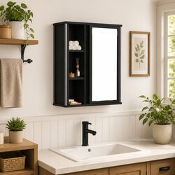 Bathroom Wall Cabinet with Mirror Black Oak Storage Vanity Unit Shelves
