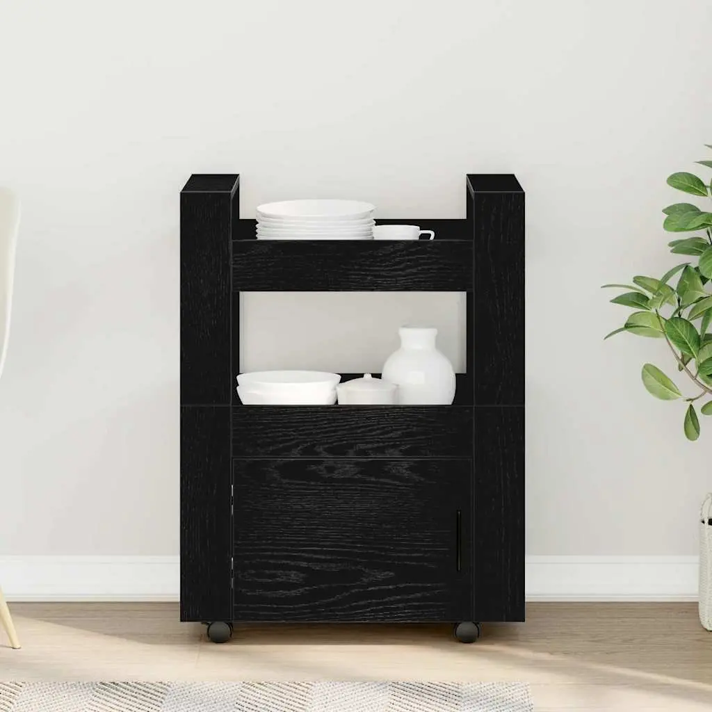 Kitchen Trolley Black Oak Rolling Storage Cart 60 x 45 x 80 cm Engineered Wood
