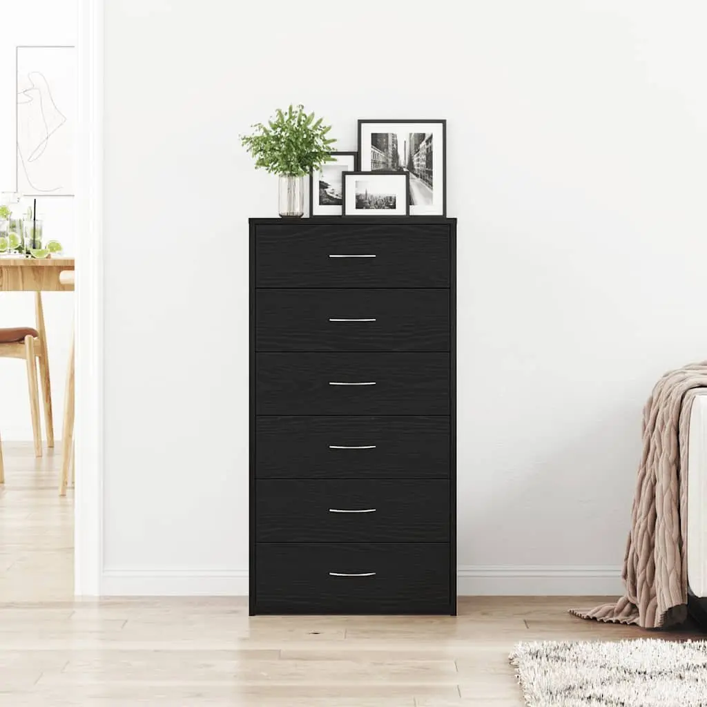 Sideboard Cabinet for Dining Room 6 Drawers Black Oak Engineered Wood Storage Buffet Furniture
