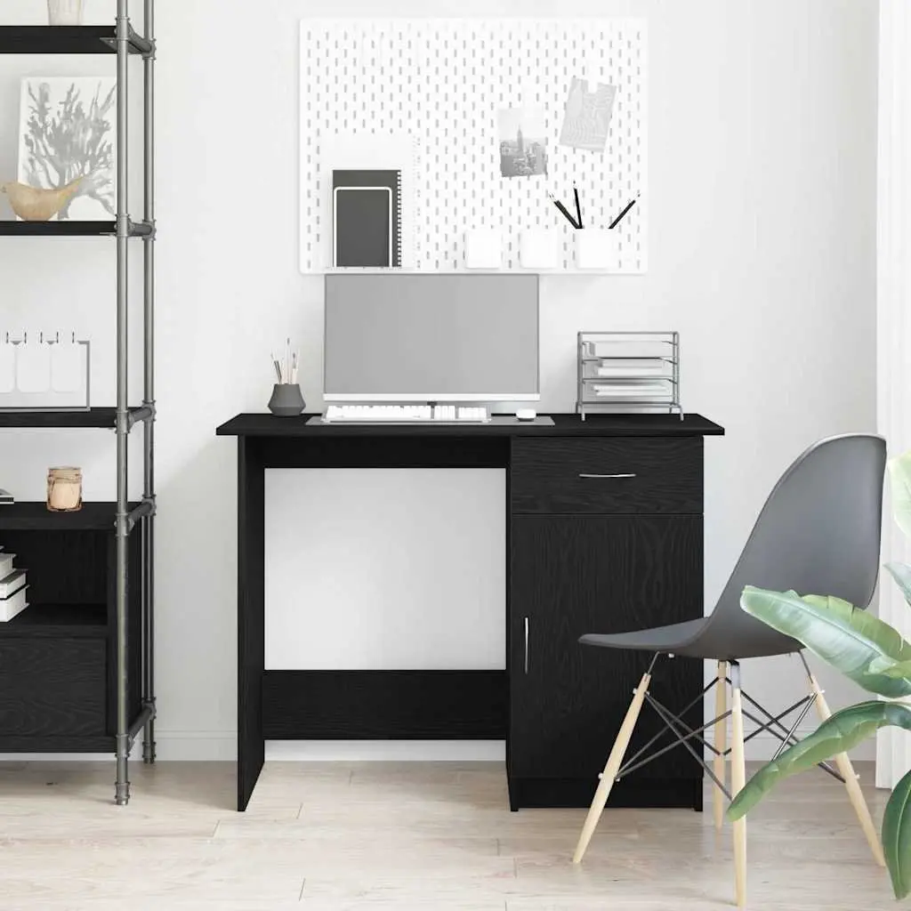 Black Engineered Wood Desk with Drawer Modern Home Office Compact 100x50x76cm