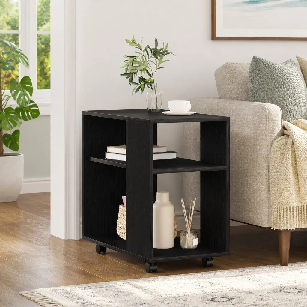 Side Table for Living Room Black Oak 70x35x60 cm 2-Tier Storage with Swivel Wheels