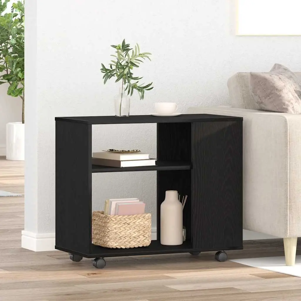 Side Table for Living Room Black Oak 70x35x60 cm 2-Tier Storage with Swivel Wheels