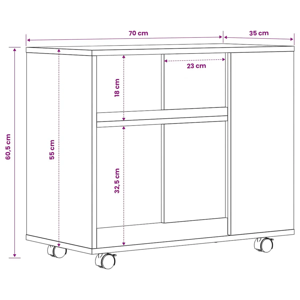 Side Table for Living Room Black Oak 70x35x60 cm 2-Tier Storage with Swivel Wheels