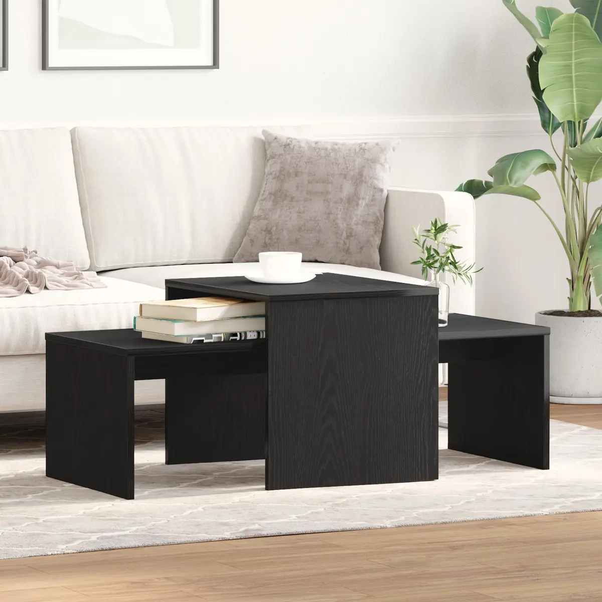 Nesting Coffee Tables Set Black Oak Modern Living Room Accent Furniture Space