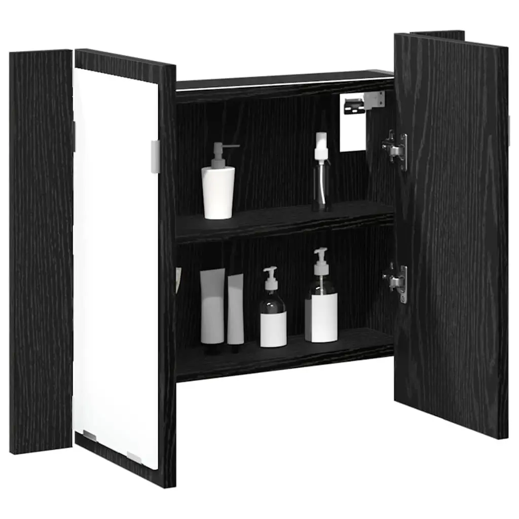 Bathroom Mirror Cabinet Wall-Mounted LED Lighting Storage Unit Black Oak 60 x 12 x 45 cm