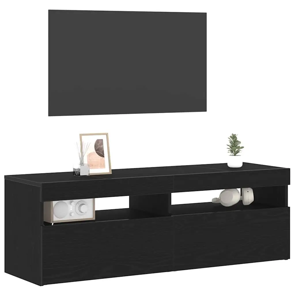 TV Cabinet with LED Lighting Black Oak Living Room Media Storage Unit 120cm