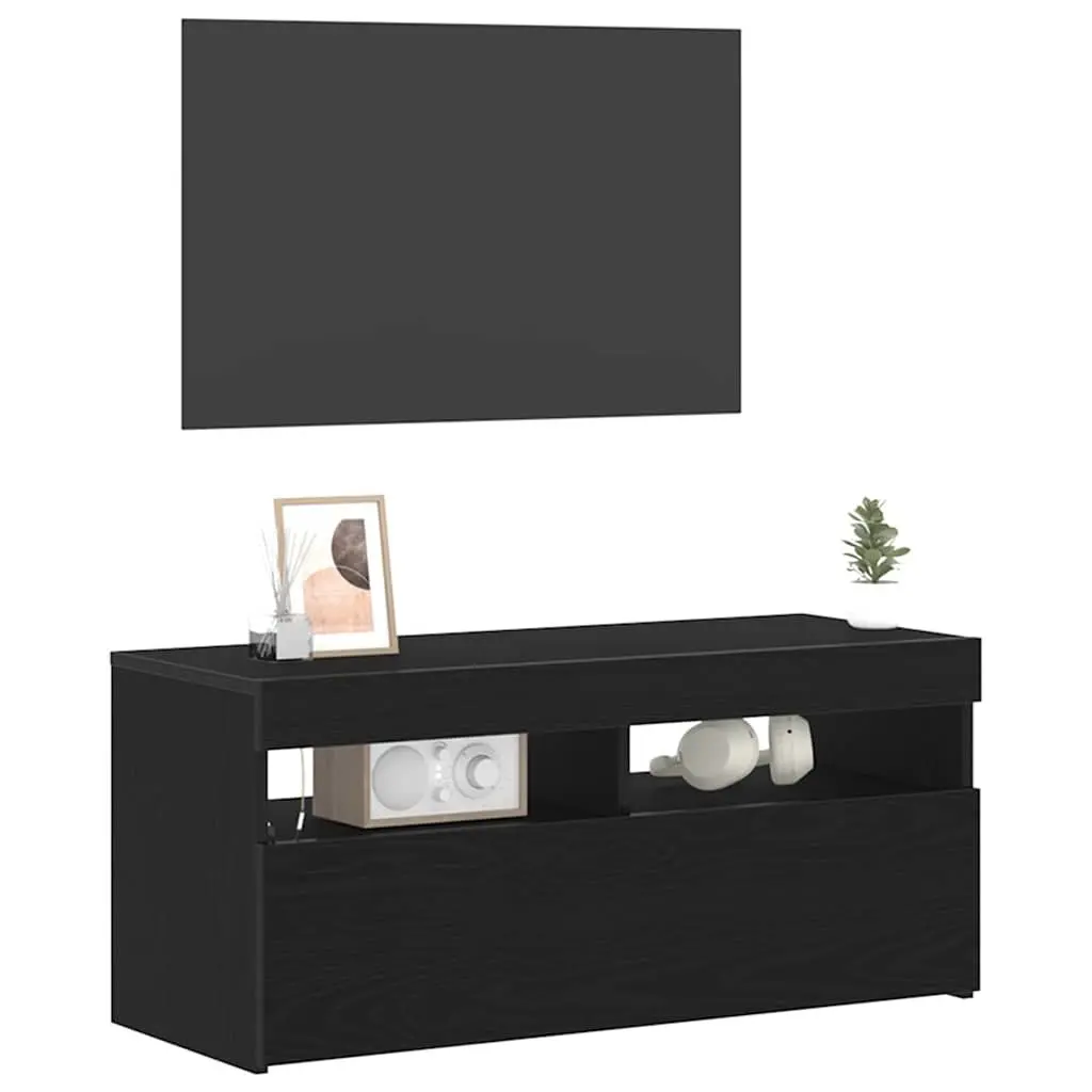 TV Cabinet with LED Lights Black Oak Living Room Entertainment Storage Unit