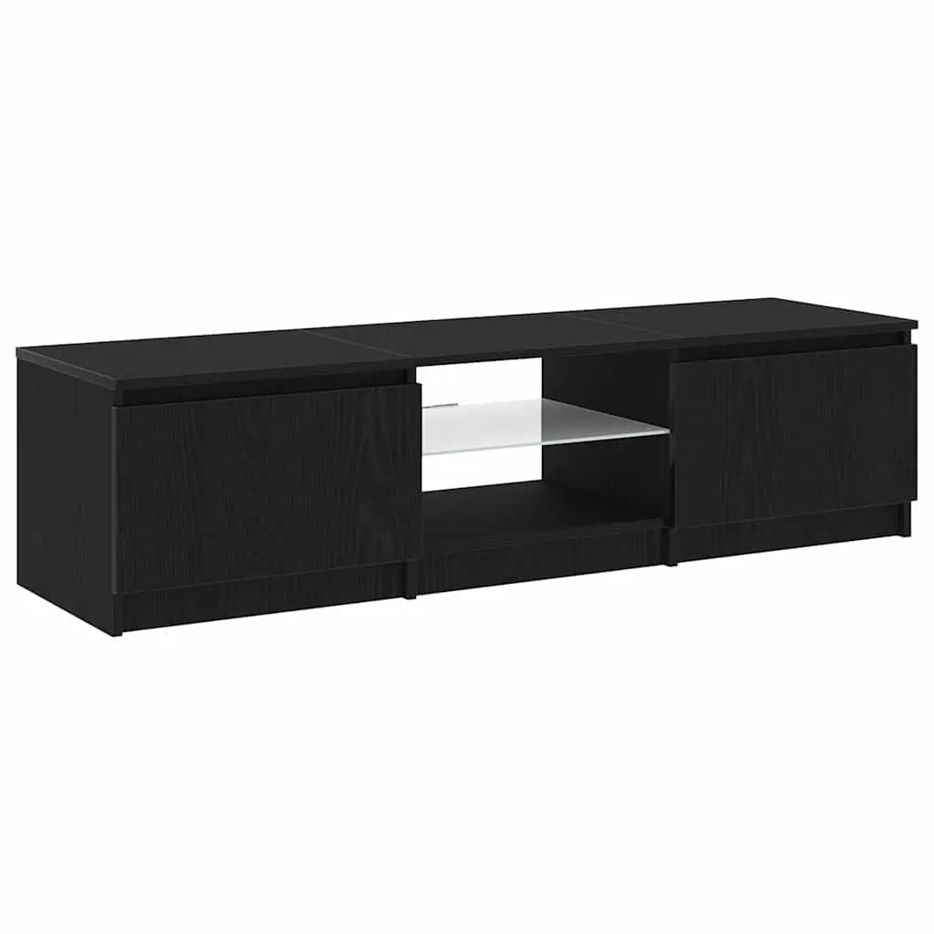 TV Cabinet Black Oak Modern Media Storage Unit with LED Lights and Shelves
